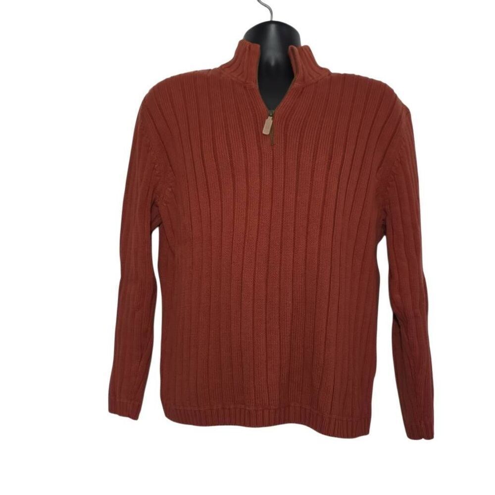 Eddie Bauer Men's Size Large Orange 100% Cotton Ribbed 1/4 Pullover Sweater